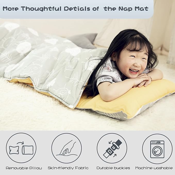 Hi Sprout Toddlers Nap Mat with Removable Pillow and Soft Blanket, Lightweight Daycare Preschool Kindergarten Sleeping Bag, Travel Slumber for Kids Girls Boys