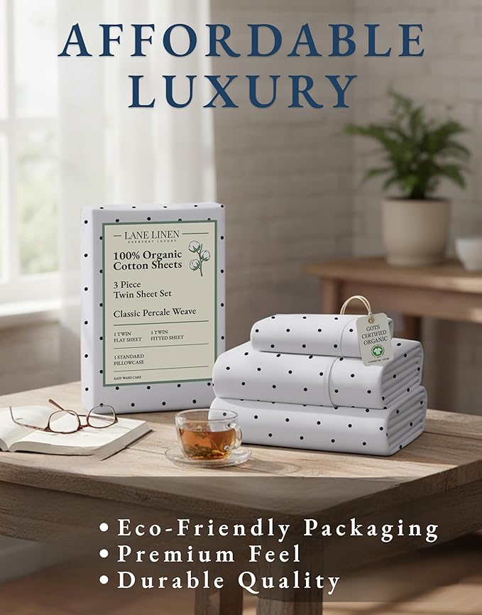 LANE LINEN 100% Organic Cotton Twin Sheets Set - 3 PC Bedding Sheets & Pillowcases - Breathable & Cooling Bed Sheets - Deep Pocket up to 15", Sheets for Twin Size Bed: Polka Dot (Black)
