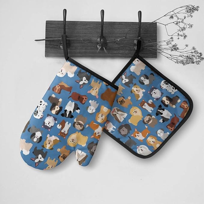 Cute Dogs Blue Oven Mitts and Pot Holders Insulated Gloves & Kitchen Counter Safe Mats for Cooking BBQ Baking Grilling (2-Piece Set)