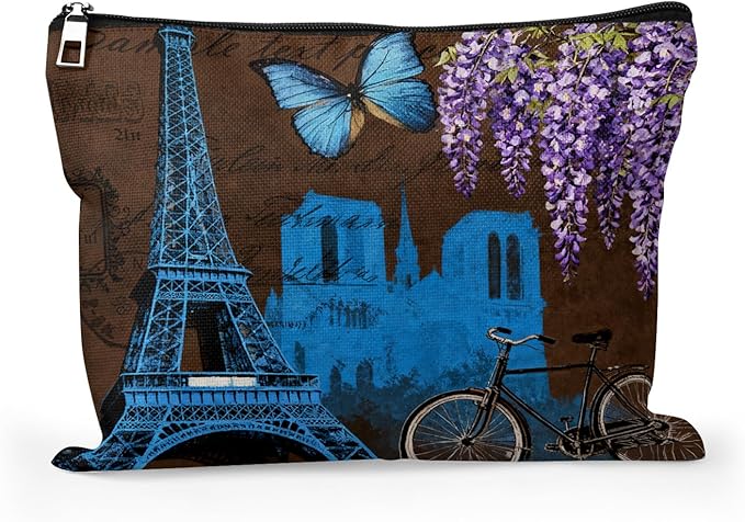 Cafl Eiffel Tower Vintage Wisteria Makeup Bag Travel Large Cosmetic Bag Organizer toiletry Essentials Jewelry Zipper Bag Gift For Women -10×8 inch