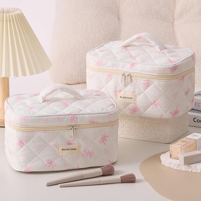 Quilted Makeup Bag, Large Capacity Travel Cosmetic Bag for Women and Girls, Aesthetic Storage for Daily and Travel (Pink Bow)