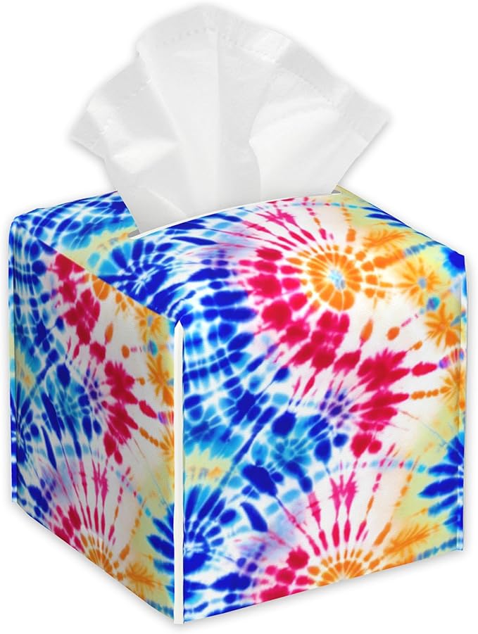 Rainbow Tie Dye Swirl Tissue Box Cover Square,Tissue Box Holder with Belt Bottom,Stylish Leather Napkin Holder for Vanity Countertop,Nightstands,Office Desk,5.2"×5.2"×5.2"
