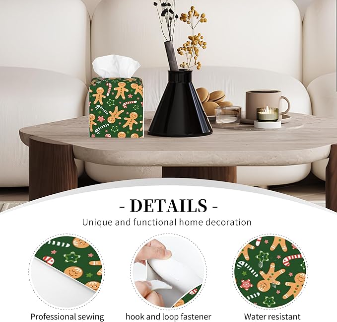 Candy Canes and Stars Leather Tissue Box Holder Christmas Green Gingerbread Tissue Box Cover Square Waterproof Tissue Holder Organizer Modern Napkin Holder for Bedroom Dresser Night Stand Office Desk