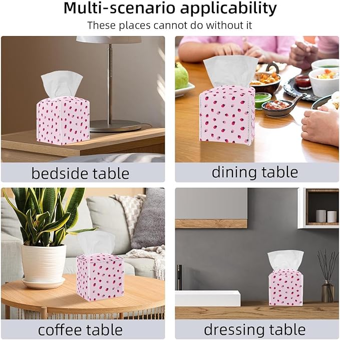 2 Pack Pink Strawberry (2) Tissue Box Cover, Decorative Tissue Box Dispenser for Bathroom, Parlors, Office, Bedroom Dresser, Vanity Countertop, Nightstand, Car, and Desk