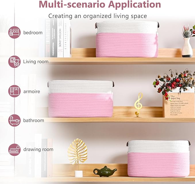 ECDYQXVU Cotton Rope Basket, Storage Baskets with Handle, 15x10x9 Inch Woven Basket for Shelves, Laundry, Towels, Clothes, Books (White/Pink 3Pack)