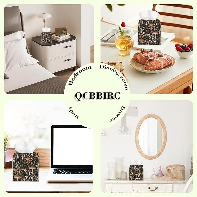 Autumn Mushroom Tissue Box Cover,Mushrooms and Field Plants Waterproof Leather Square Tissue Box Cover Case Facial Paper Organizer Dispenser Box Holder for Home Office Bathroom Vanity Countertop