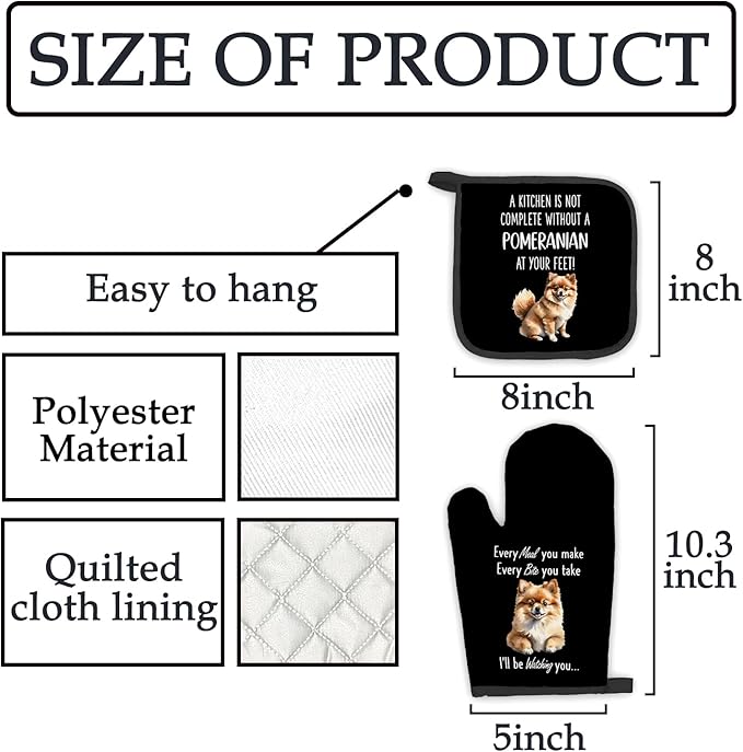 Pomeranian Gifts for Women Dog Oven Mitts and Pot Holders Sets, Pomeranian Dog Decor Kitchen Accessories Sets, Complete Without a PomeranianDog Heat Resistant Oven Glove Potholders for Kitchen