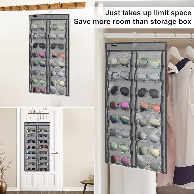 ANZORG Dual Sided Hanging Sunglasses Organizer Wall Eyeglass Holder Sunglass Rack for Home with 32 Dust Proof Pockets (32 Pockets-Grey)