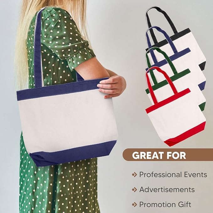 Canvas Tote Bag with Handles for Woman, Reusable Cloth Bag for Groceries and Shopping - Blank Cotton Tote Bag, Suitable for DIY Projects – HEAVY DUTY – 16" X 14.5" With 4” Gusset, Navy Blue/Red 2 Pack