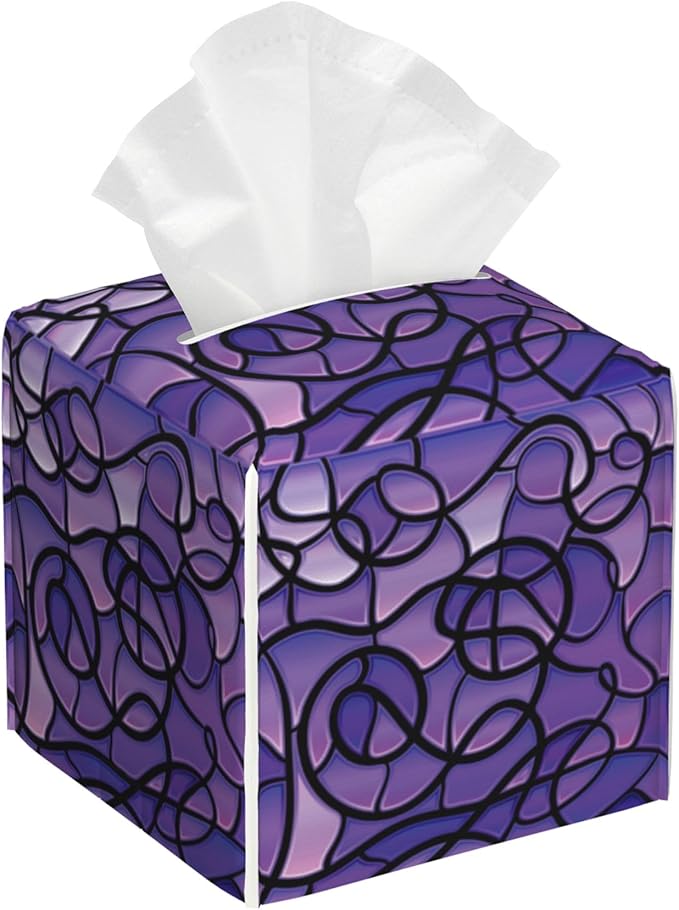 POIUBLE Abstract Purple Stained Glass Tissue Box Cover Leather Tissue Box Holder Square Facial Paper Organizer Dispenser for Bathroom Kitchen Bedroom Vanity Countertop Night Stands