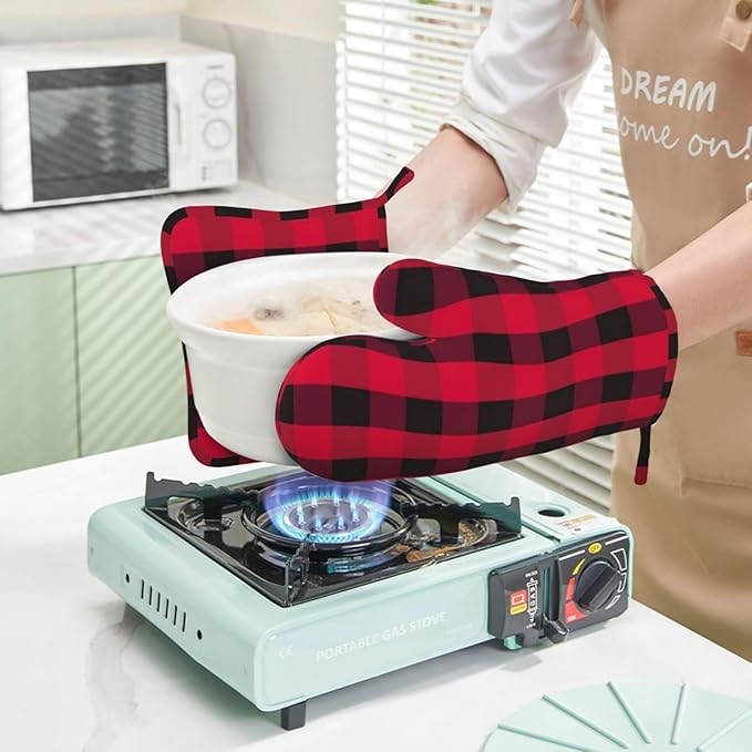 Buffalo Check Plaid Red and Black Oven Mitts and Pot Holders Set, 4pcs Farmhouse Checkered Plaids Silicone Oven Glove for Kitchen Heat Resistant Oven Mitts and Potholders Non-Slip for BBQ