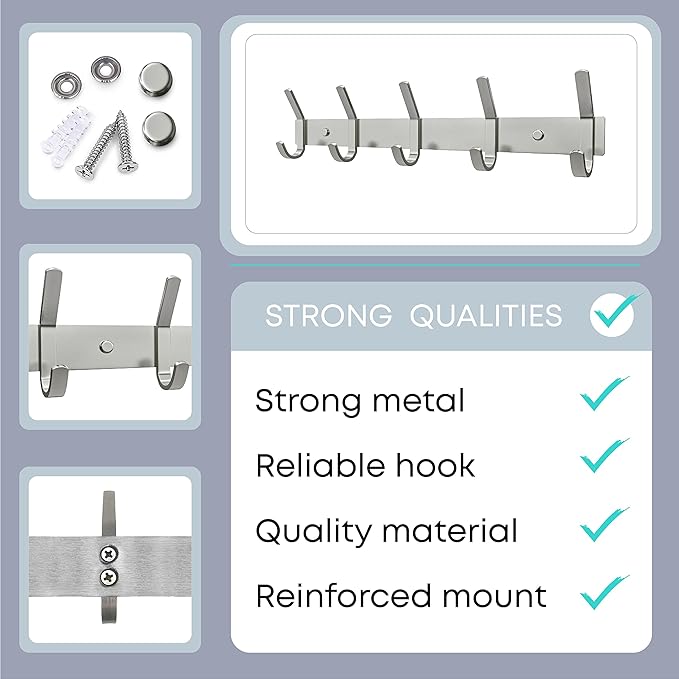SAYONEYES Coat Rack Wall Mount – Brushed Nickel 15 Inch Stainless Steel Hook Rail with 5 Heavy Duty Double Coat Hooks – Wall Mounted Coat Hanger for Entryway, Bathroom, Bedroom, Towel, Hat Organizer
