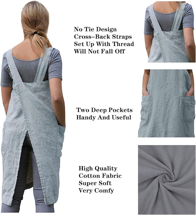 Women's Practical Cross Back Pinafore Apron with Large Pockets Home Kitchen,Restaurant,Coffee house,Cooking Gardening Works