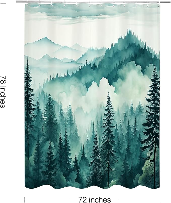 Litabel Teal Blue Long Misty Pine Forest Shower Curtain 72 x 78, Mountain Foggy Woodland Scenery Tree 78 Inch Long Shower Curtains for Bathroom, Turquoise Abstract Waterproof Nature-Themed Decor