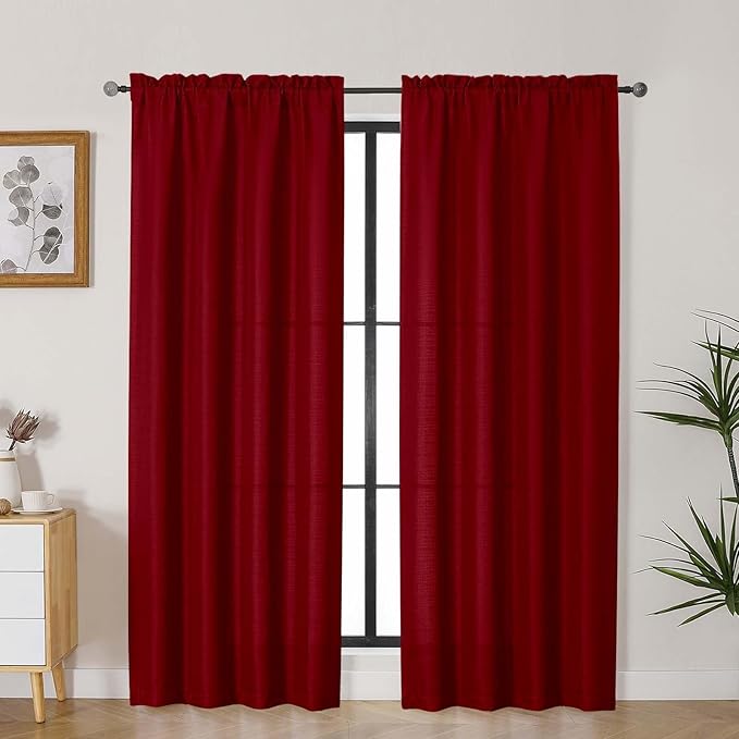 Lecloud Bessie Red Curtains 78 Inches Long 2 Panels, Rod Pockets Airy Window Curtains for Bedroom Decor, Light Filtering Faux Linen Textured Elegant Drapes for Living Room, Each 40" W x 78" L