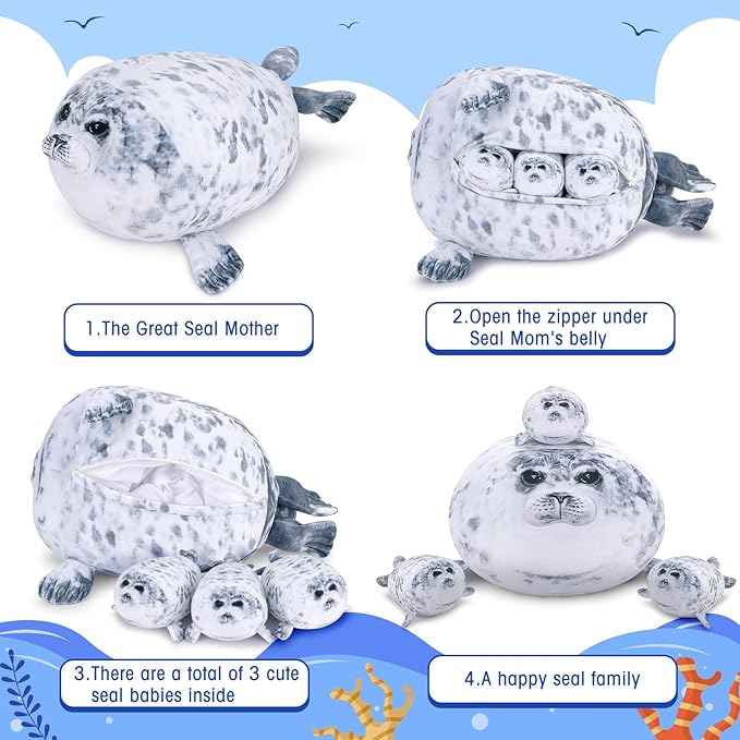Achwishap 19.6” Seal Stuffed Animal Mommy with 3 Seal Baby Plush Toy,4pcs Seal Plush Pillow,Cute Plushie Seals Hugging Pillow Cuddle Plushie for Kids Girls Boys Birthday Gifts(Seals Family)