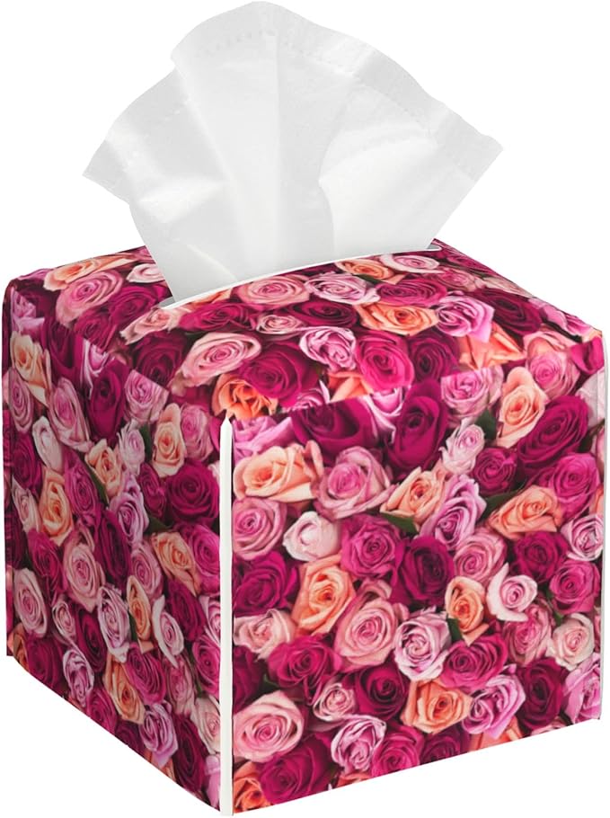 BLYKVGHQ Square Tissue Box Cover Pink and Orange Roses Tissue Box Holder Facial Cube Paper Dispenser Leather Decorative Organizer Home Office Desk Decor, 5.2"x5.2"x5.2"