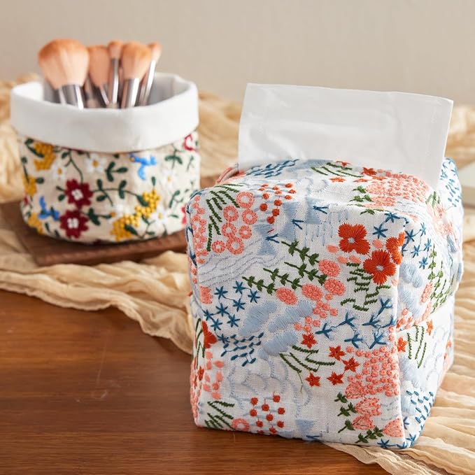 Hausfrau Tissue Box Cover Square Embroidered Jacquard Linen Tissue Holder Case Cube Decorative for Bathroom Vanity Countertop Desk Office, 5.3"x5.3"x5.3", White Flowersea