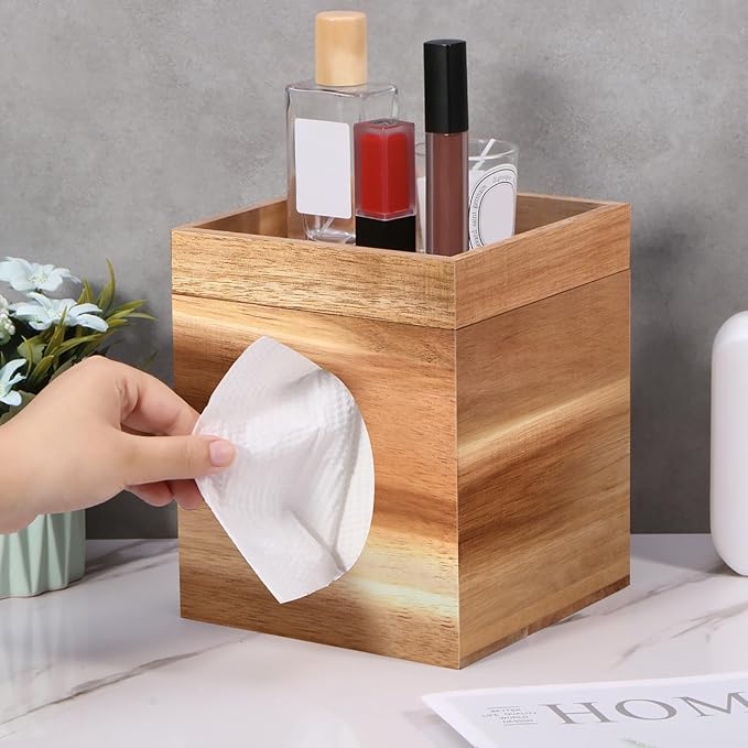 Tissue Box Cover, Wood Tissue Box Cover with Storage Tray Square Tissue Box Covers Holder for Bathroom, Bedroom, Dinner Table, Office, Tabletop 6" x 6" x 7.4"