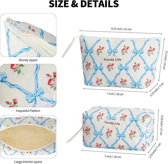 HAOGUAGUA 2 Pieces Makeup Bag, Small Large Quilted Cosmetic Bag, Travel Floral Make Up Toiletry Organizer Bag for Women Girls (2PCS STYLE A-3)