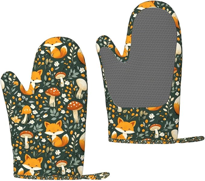 Heat Resistant Oven Mitts 2 Pack, 500°F Silicone Oven Gloves with Non-Slip Grip, Soft Quilted Cotton Lining for Baking, Grilling, BBQ, Cooking (Fox Green)