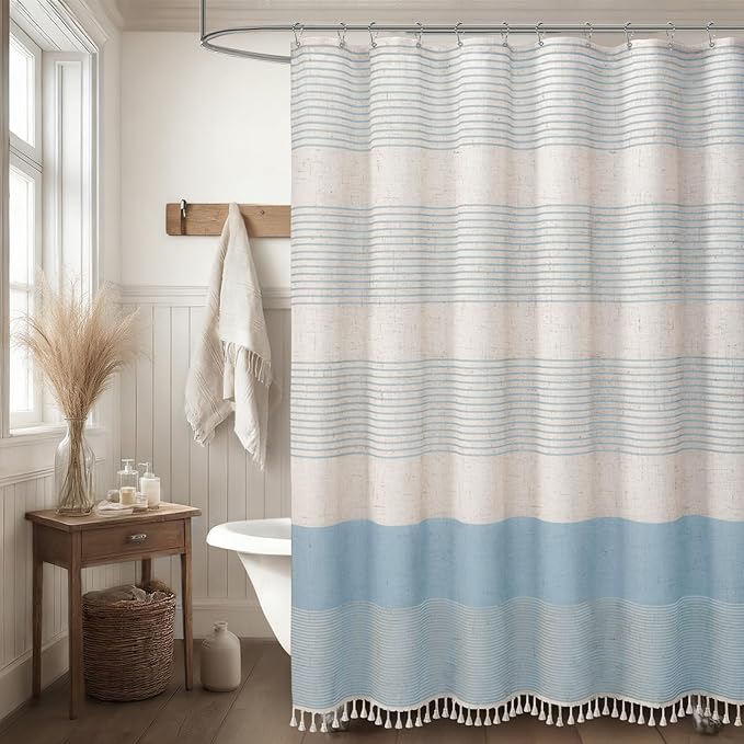 XOGUIBO Aqua Blue Shower Curtain Linen Coastal Ocean Striped Shower Curtains for Bathroom with Tassel 72 X 72