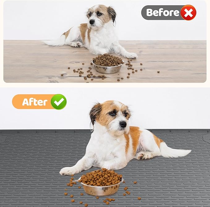 Bartuke Dog Food Mat, Extra Large 34" x 22" Silicone Pet Feeding Mat with Raised Edge Pet Placemat for Small, Medium, and Large Pets Non-Slip, Easy to Clean (Dark Grey)