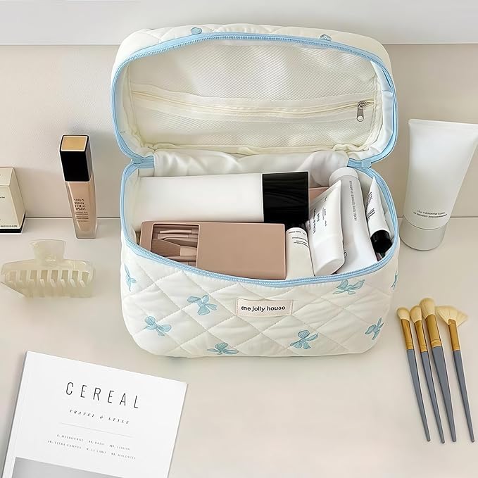 Cozomga Quilted Makeup Bag, Large Capacity Travel Cosmetic Bag for Women and Girls, Aesthetic Storage for Daily and Travel Use (Bow Quilted)