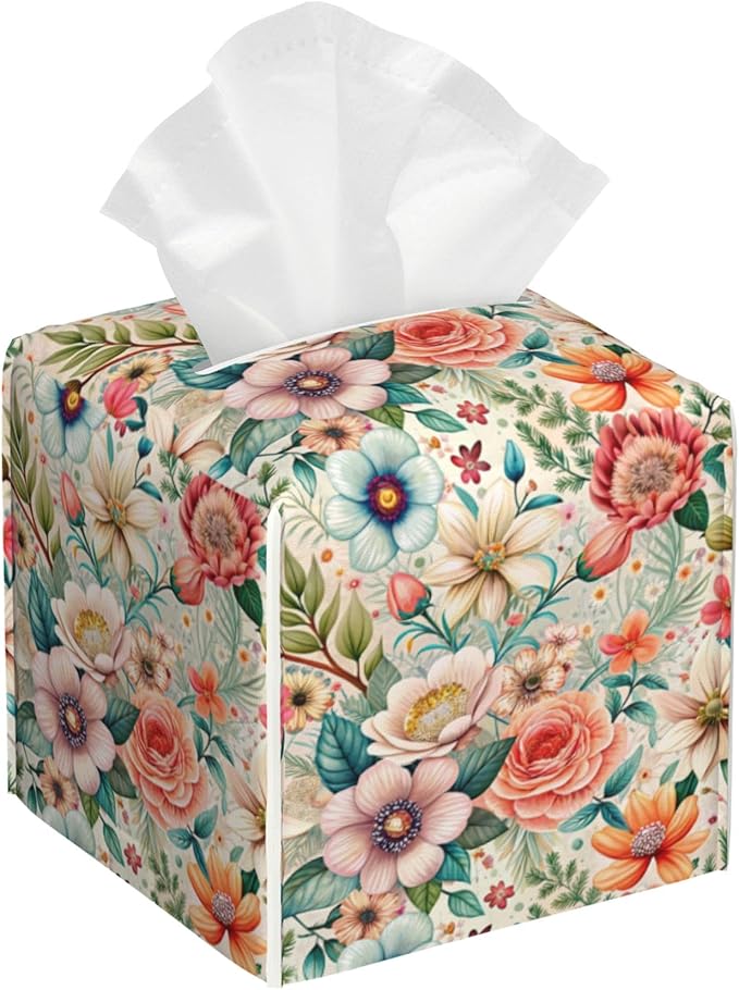 Leather Tissue Box Holder Colorful Floral Tissue Box Cover Facial Paper Case Organizer Cube Napkin Dispenser for Bathroom Vanity Countertop Night Stand Office Car