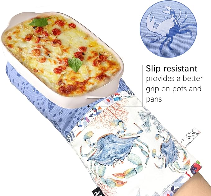 Oven Mitts, Heat Resistant with Soft Quilted Cotton Lining Set of 2, Fashion Crab Design with Silicone Printing Anti-Slip Kitchen Gloves for Safe Backing Cooking Barbecue (Lilac,Crab)