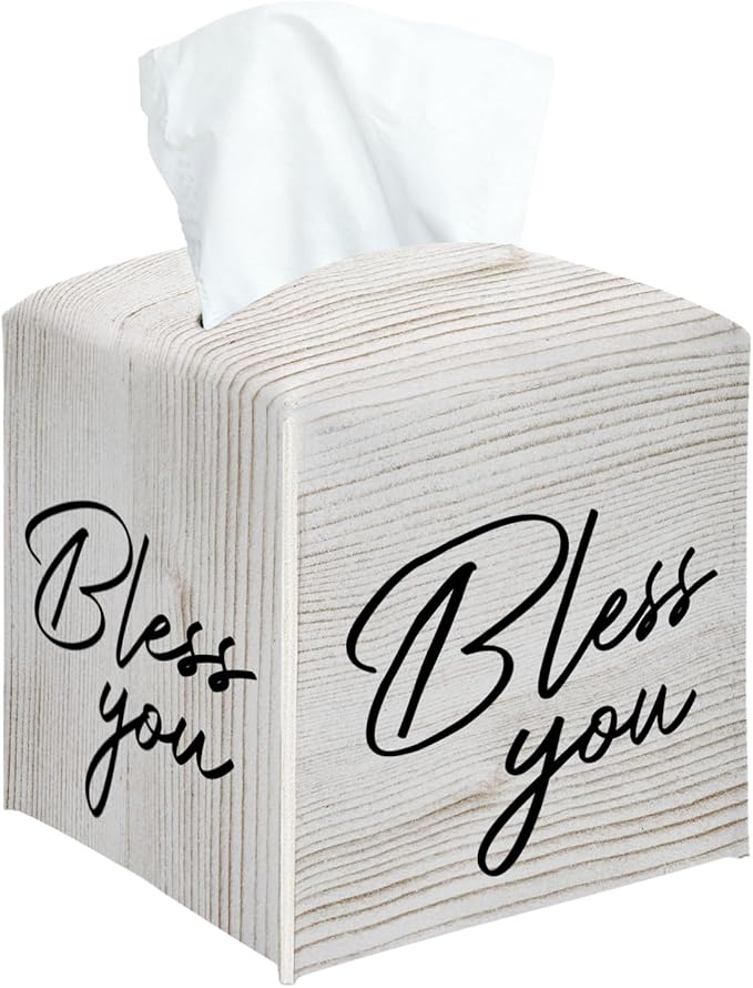 Bless You Tissue Box Cover Square, Decorative Tissue Box Holder for Bedroom Bathroom Kitchen Office Vanity Countertop, Leather Facial Paper Organizer Dispenser -06