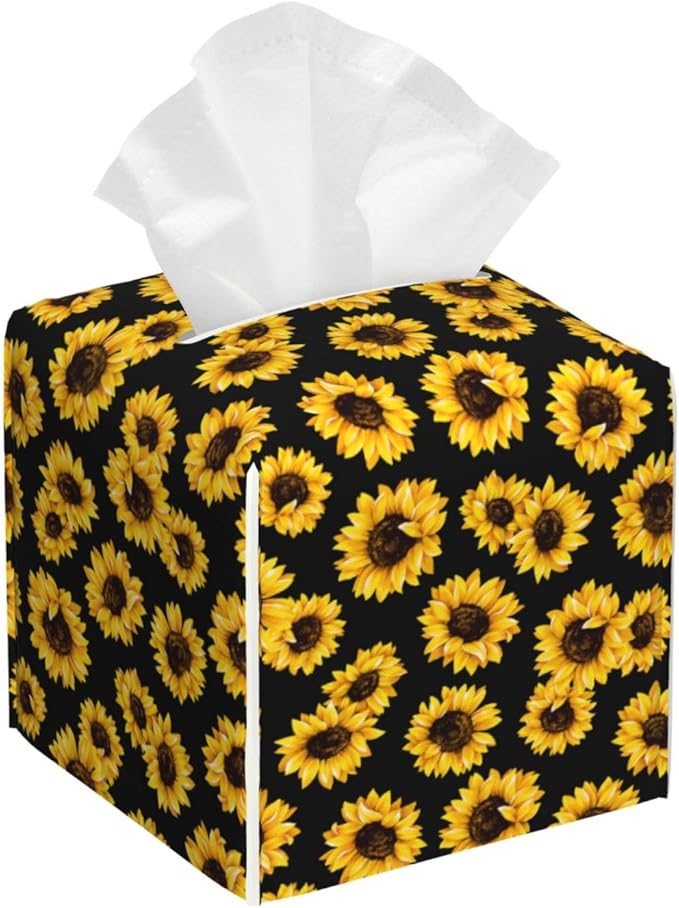 PVC Tissue Box Cover Holder,Sunflower Square Decorative Organizer,5.2"X5.2"X5.2" Tissue Case for Bathroom,Tabletop,Car,Office