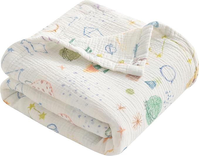 NTBAY 4 Layer Muslin Cotton Toddler Blanket, 42x60 Soft and Breathable Receiving for Newborns and Infants, Perfect for Crib, Stroller, Travel, Lightweight Nursery Blanket, Space Explorer