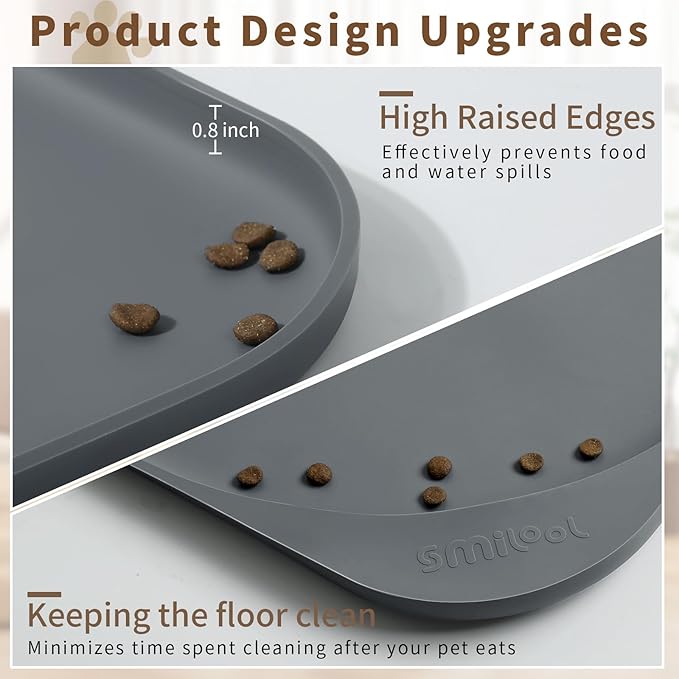 Smilool Silicone Pet Food Mat with Raised Edge for Food and Water Bowl, Dog Feeding Mats, Cat Food Trays for Floor Waterproof, Rubber Tray for Dogs and Cats, 22 x 14 x 0.8 Dark Gray