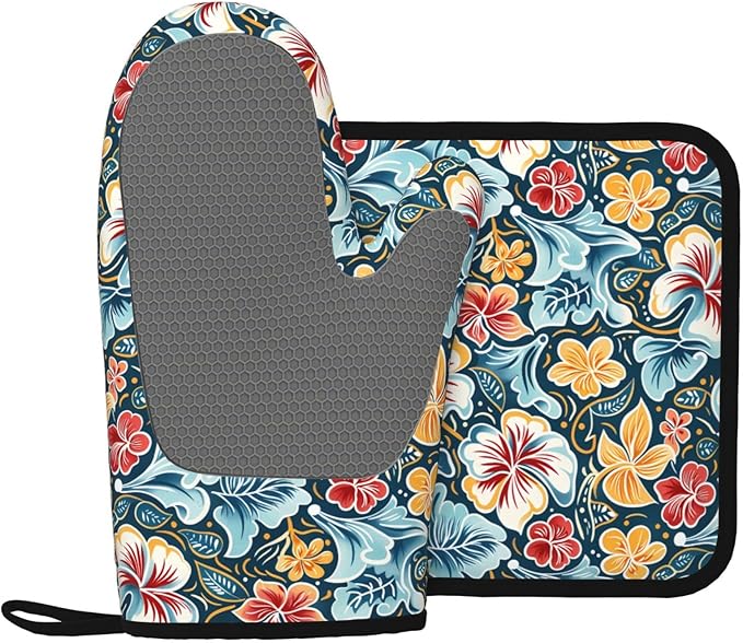 Oven Mitts and Potholders Retro Colored Flowers Silicone Glove Heat Resistant, Kitchen Gloves for Cooking, 2-Piece Set