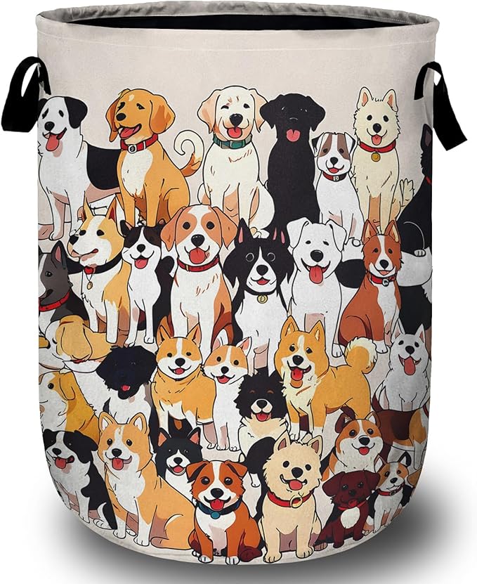 Cute Dog Puppy Laundry Basket with Sturdy Handles, Dog Lover Collapsible Oxford Cloth Laundry Hamper Organizer Basket for Bathroom Bedroom 15.7x20 Inch
