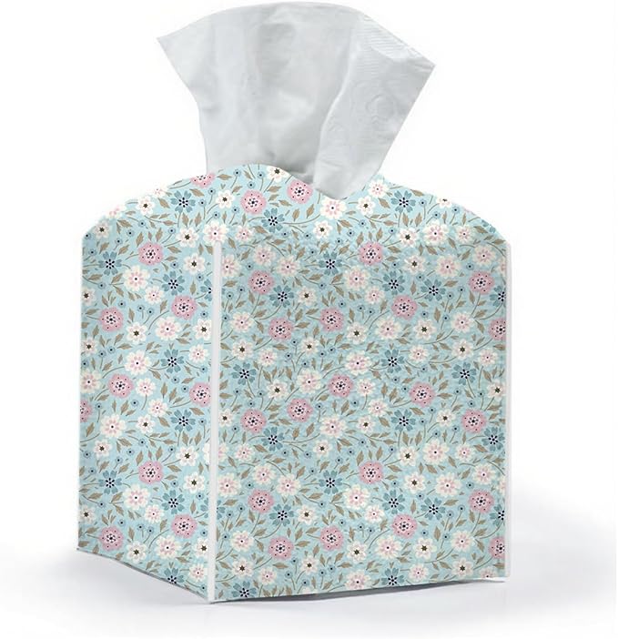 Tissue Box Cover, Tissue Box Holder, Square with Belt Bottom, PU Leather Decorative Organizer for Desk, Tabletop, Countertop Bathroom, Toilet Car, Office, Dresser Bedroom, Aesthetic Flower Decor