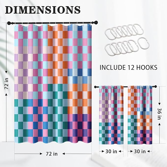 Culudea Retro Checkered Aesthetic Colorful Shower Curtain Set, Funky Checkerboard Modern Bathroom Window Waterproof Shower Curtain Set for Bathroom Decor