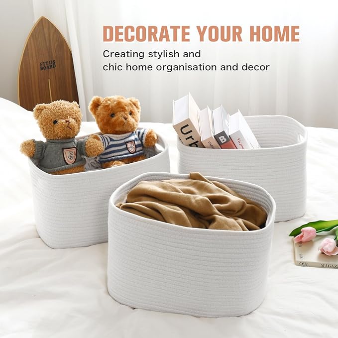 ECDYQXVU Cotton Rope Storage Basket, 15x10x9 Inches, Woven Basket for Shelves, Clothes, Towels, Books, and Laundry, White (3 Pack)