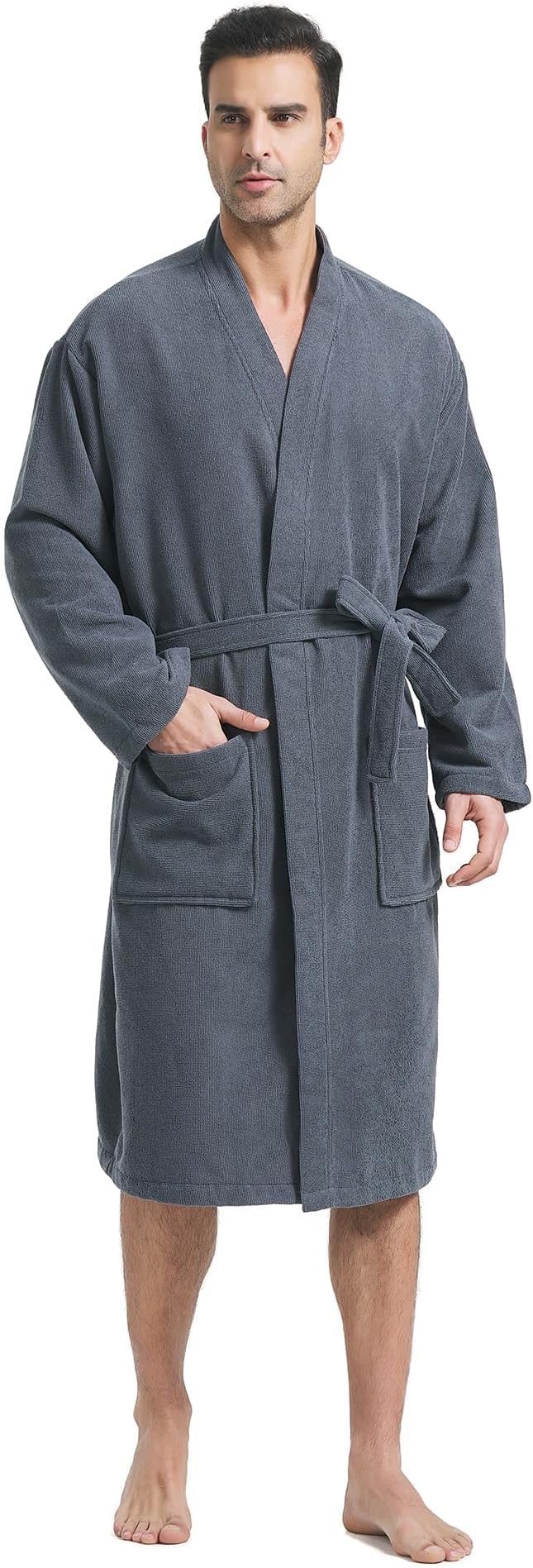 FashGudim Terry Cloth Robes for Men Big and Tall Short Mens Kimono Robe Super Absorbent Spa Bathrobe Calf Length With Pockets