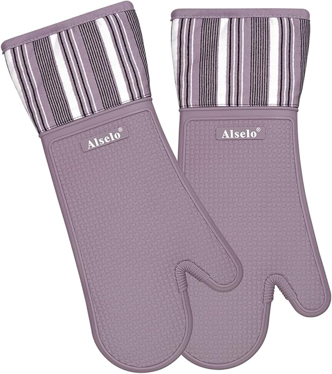 Silicone Oven Mitts Heat Resistant 550 Degree Extra Long Kitchen Gloves Pot Holders with Waterproof and Non-Silp for Baking Cooking Barbecue Microwave Machine Washable (Extra Long Purple, 2)