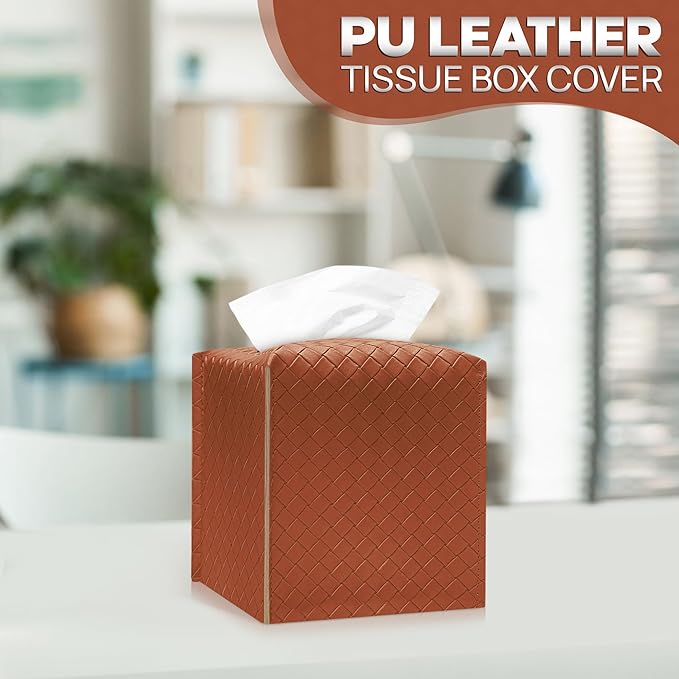 Tissue Box Cover Holder, PU Leather Tissue Box Cover with Braided Pattern, Square Tissue Holder with Bottom Belt, Modern Organizer for Bathroom, Car, Office,(Saddle Brown, 12 Braided Patterns)