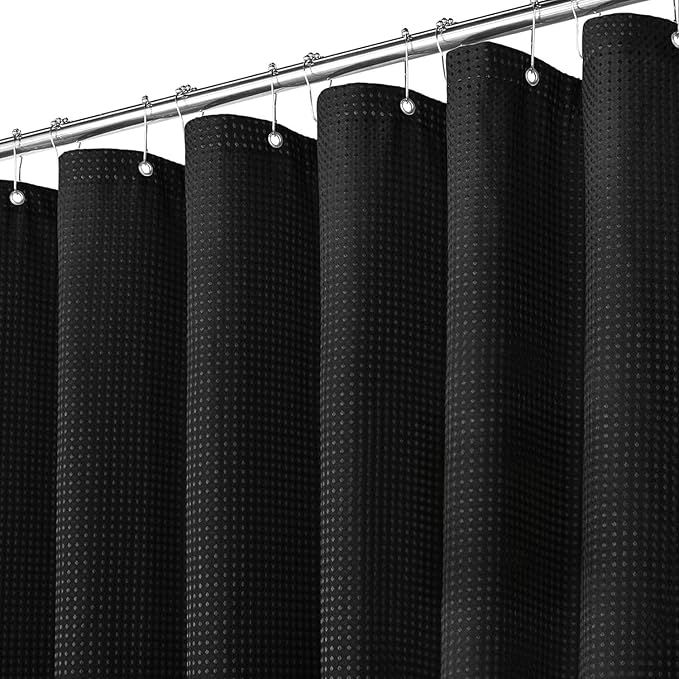 Inhousolu Fabric Shower Curtain Waffle Weave, 230 GSM Heavy Duty, Weighted Hem, 14 Metal Hooks, Water Repellent, Machine Washable, Hotel Spa Luxury Bath Curtain Set, 72 x 78 Inch, Black