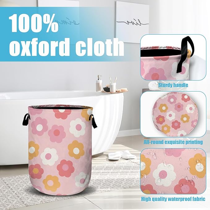 Retro Pink Flower Laundry Basket, Laundry Hamper Collapsible Oxford Cloth with Handle Clothes Toy Storage Bin for Bathroom Laundry Room Bedroom 15.7 X 20 Inch