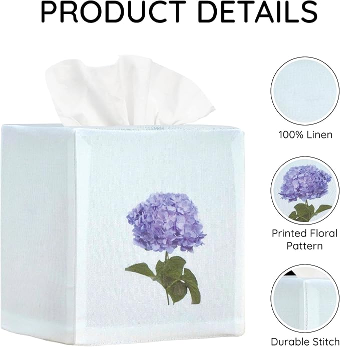 EmbroideryLinen.VN Tissue Box Cover Set of 2, Square Linen Tissue Holder, Printed Floral Design, 4.5x4.5x5.5 Inches, Decorative Holder for Bathroom, Living Room, Office (Hydrangea)