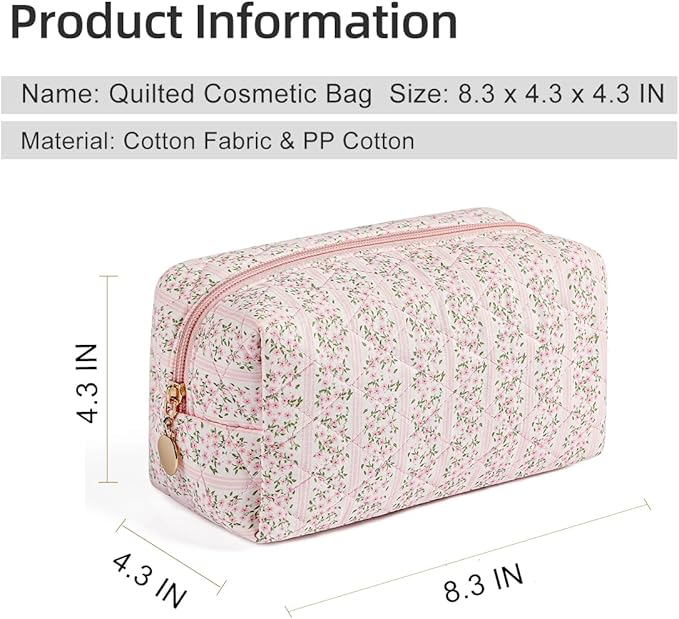 Gleyemor 2 Pieces Quilted Makeup Bag, Cute Floral Cosmetic Bag for Women, Cotton Make Up Bag Set, Flower Travel Toiletry Bag Organizer (Pink Floral+ Pink Bowknot)