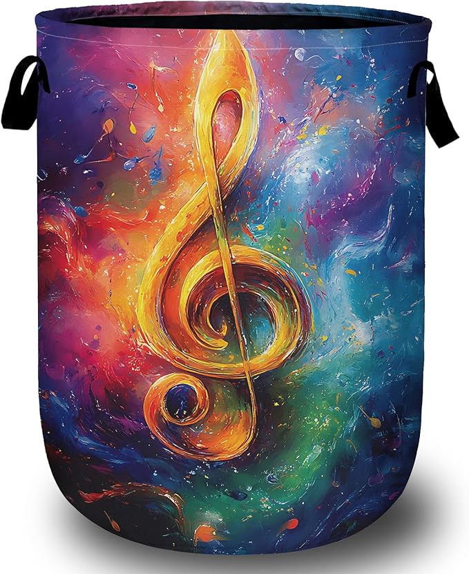 Watercolor Music Note Laundry Basket with Sturdy Handles, Collapsible Oxford Cloth Laundry Hamper Organizer Basket for Bathroom Bedroom 15.7x20 Inch