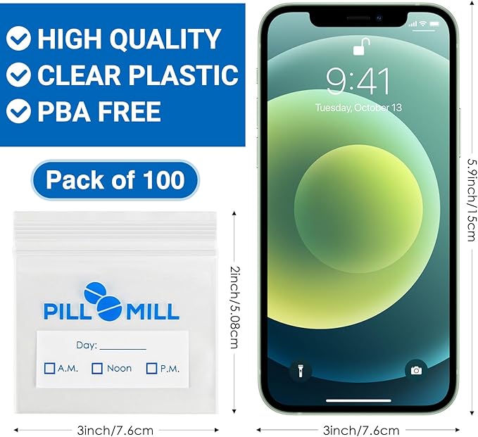 Pill Bag Count - Size 3" X 2" 3 Mil – Plastic Pill Organizer Bags – Small Pocket Pill Baggies – Travel Pill Pouch– Daily AM PM Medicine Storage Pouches – Locking Pill Carrier Container (100-Pack)