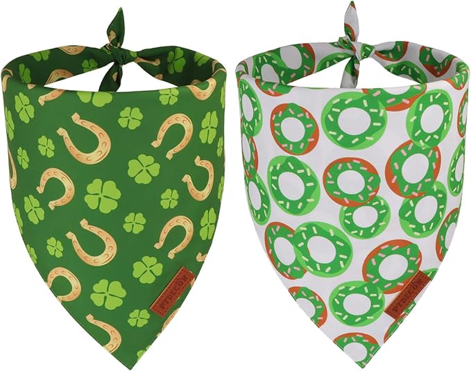 PTDECOR St. Patrick's Day Dog Bandana, Irish Reversible Pet Scarf, Premium Durable Fabric, Green Shamrock Donuts Pet Bandanas for Medium Large Dogs Pets (Large)