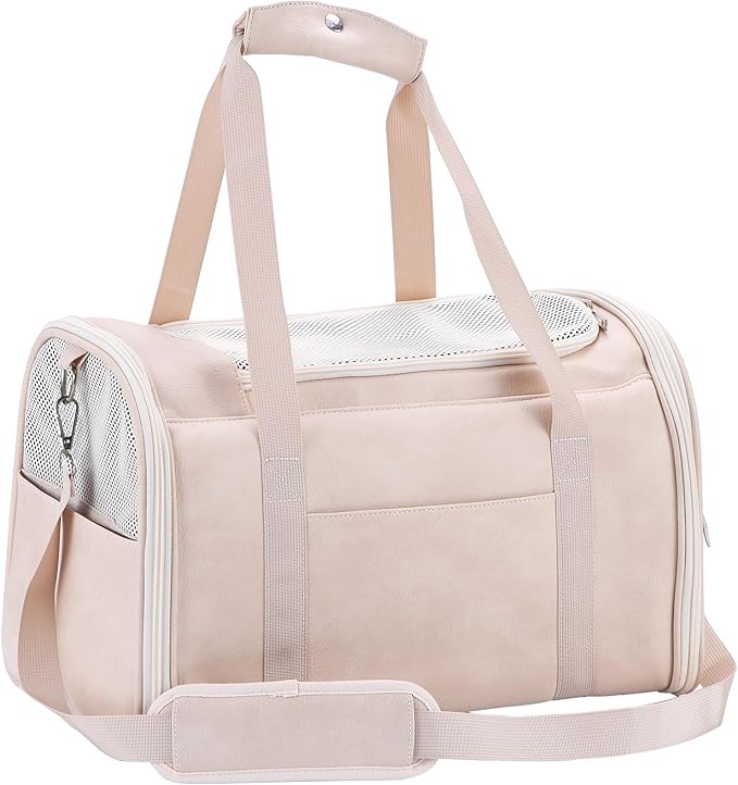 Lasaviin Fashion Leather Dog Carrier Cat Carrier Airline Approved Pet Carrier for Small Medium Dogs Cats Under 15Lbs, Collapsible Soft Sided Travel Puppy Carrier White